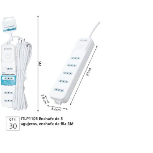 Alargador Eléctrico de 5 Posiciones - Regleta Certificada SEC con Cable de 3M por mayor - Electrónica por mayor