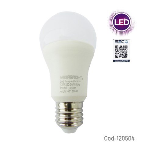 Ampolleta LED marca Megabright modelo A60, de 13 watt, 3000K luz cálida, Base E-27. Ideal para iluminar interior de tu hogar. Set x 1. En caja por mayor - Electronica por mayor