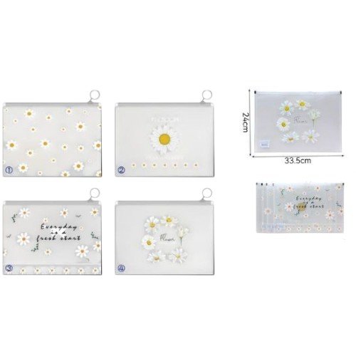 Archivador A4 Transparente con Cremallera y Diseño Floral de Manzanilla  por mayor Útiles Escolares por mayor