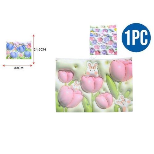 Bolsa de Archivo A4 con Cremallera y Diseño de Flores en Relieve por mayor Útiles Escolares por mayor