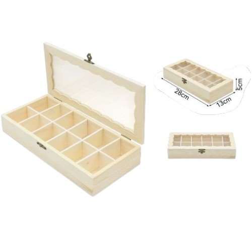 Caja Organizadora de Madera de Pino con 12 Compartimentos y Tapa de Vidrio por mayor Hogar por mayor