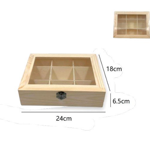 Caja Organizadora de Pino con 9 Divisiones y Tapa de Vidrio por mayor Hogar por mayor