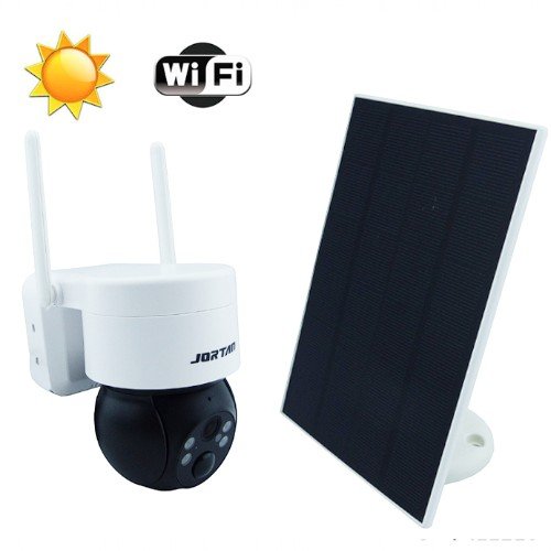 Camara de vigilancia ip con panel solar de 4 led marca jortan modelo 8158, sensor de movimiento y controlada por la app icsee. 22.2 cm x 17 cm x 1.5 cm por mayor en Chile