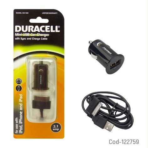 Cargador Duracell 2.1Amp Con Cable Iphone 30 Pin, Para Auto 12V por mayor Electronica por mayor