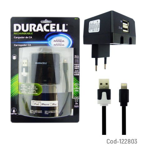 Cargador Duracell 220 Volt A Doble USB 3.1 Amper + Cable Iphone En Blister. por mayor - Electronica por mayor