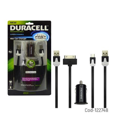 Cargador Duracell Con Cable USB Micro Y Cable Iphone 30 Pin, Para Auto 12V por mayor - Electronica por mayor