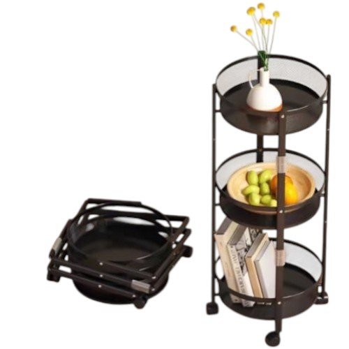 Carrito Auxiliar Redondo Multiusos de 3 Niveles Plegable con Ruedas y Canastas de Malla por mayor - Hogar por mayor
