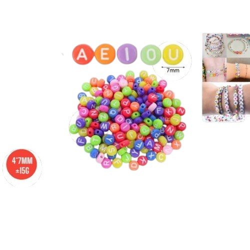 Cuentas Plásticas Redondas con Letras de Colores para Bisutería por mayor - Cotillon por mayor