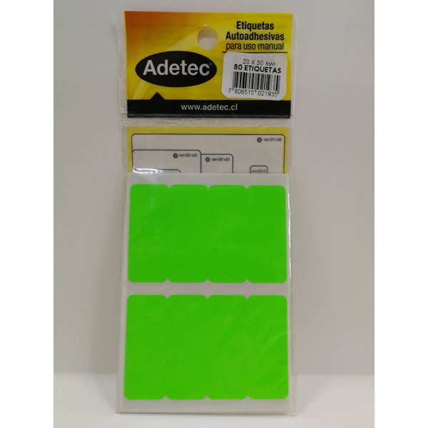 ETIQUETAS AUTOADHESIVAS VERDE 20 X 50 MM por mayor en Chile