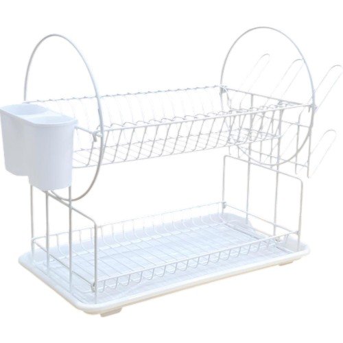 Escurridor de Platos Metálico Blanco de 2 Niveles con Bandeja de Drenaje, Porta Vasos Lateral y Contenedor de Cubiertos por mayor Hogar por mayor
