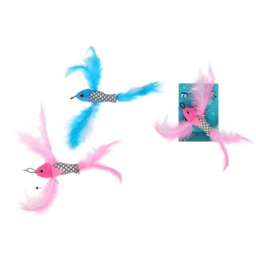 Este dinámico juguete interactivo para felinos ha sido diseñado para estimular el instinto de caza y salto mediante un cuerpo ligero con textura de malla que facilita el agarre, complementado con plumas laterales y traseras de colores vibrantes que simula por mayor - Mascotas por mayor