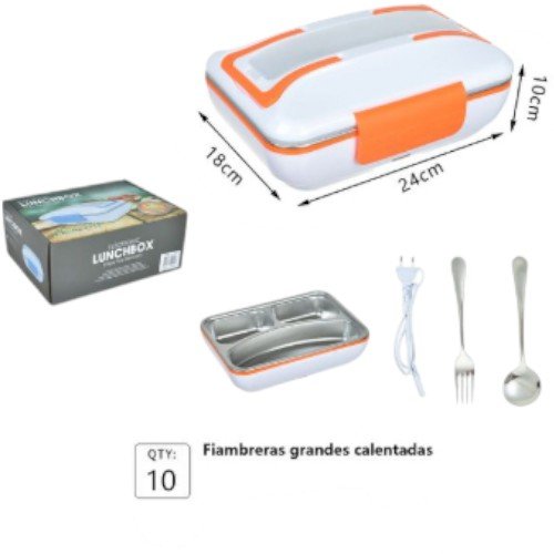 Fiambrera Eléctrica Calentadora con Bandeja de Acero Inoxidable de 3 Divisiones y Cubiertos de Metal (24cm) por mayor - Electrónica por mayor