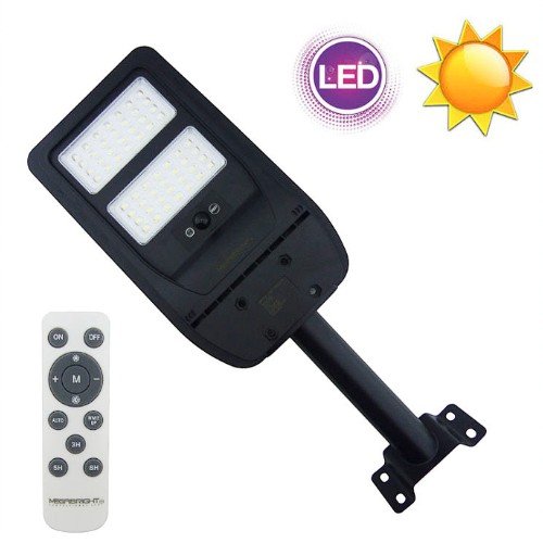 Foco Con Brazo Solar De 100 Watt Y 56 LED Modelo BRISA Marca MEGABRIGTH De 2 Placas Con Control Y Sensor. por mayor Electrónica por mayor