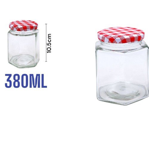 Frasco de Vidrio Hexagonal con Tapa Hermética a Cuadros - 380ml para Conservas y Almacenamiento Profesional por mayor Hogar por mayor