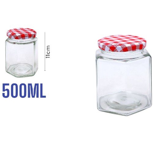 Frasco de Vidrio Hexagonal con Tapa Hermética a Cuadros - 500ml para Conservas y Almacenamiento de Gran Capacidad por mayor - Hogar por mayor