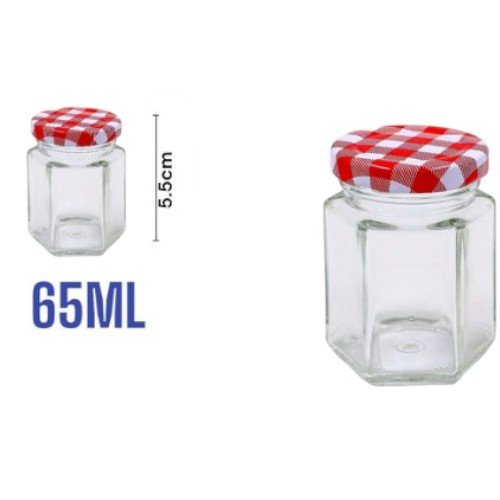 Frasco de Vidrio Hexagonal con Tapa Hermética a Cuadros - 65ml para Conservas y Souvenirs por mayor - Hogar por mayor