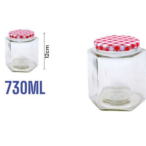 Frasco de Vidrio Hexagonal con Tapa Hermética a Cuadros - 730ml para Conservas y Almacenamiento Volumétrico por mayor - Hogar por mayor