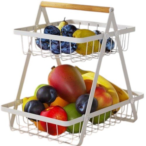 Frutero de Mesa de 2 Niveles con Canastas de Rejilla Blancas y Asa Superior de Madera por mayor Hogar por mayor