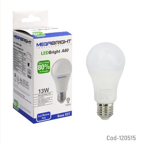 Ampolleta LED 13Watt E-27, A60 Luz Fria, Megabright-por-mayor Electrónica por mayor