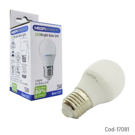 Ampolleta LED 5Watt E-27, Bola G45 Luz Cálida, Megabright. En Caja.-por-mayor Electrónica por mayor