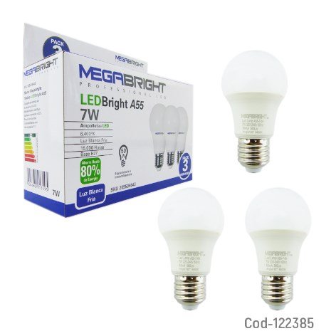 Ampolleta LED 7Watt, E-27, Megabright, Pack X 3, Luz Fria. En Caja.-por-mayor Electrónica por mayor