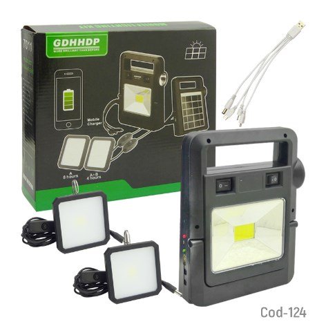 Kit Solar Portátil, 1 LED COB + Linterna+2 Focos LED, USB, Cable 4 Puntas-por-mayor Electrónica por mayor