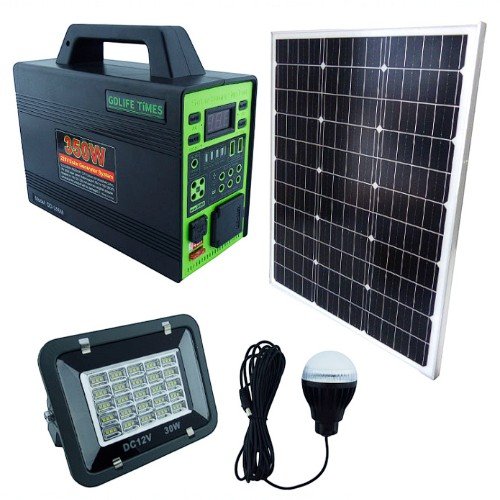 Generador Solar De 350 Watt Modelo GD-350M Con 4 Ampolletas LED, Radio, Bluetooth, Pinzas, Proyector LED Y Panel Solar. por mayor Electrónica por mayor