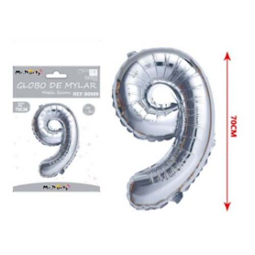 Globo mylar plateado # 9 - 70 CM - Compras Aqui
