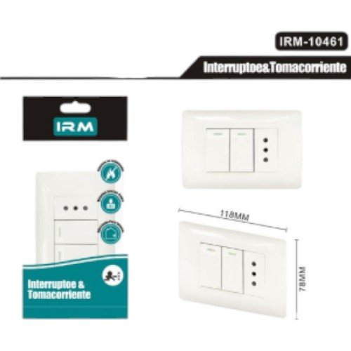 Interruptor Doble y Enchufe Integrado IRM-10461 - Placa Certificada con Seguridad 10A 250V por mayor - Electrónica por mayor