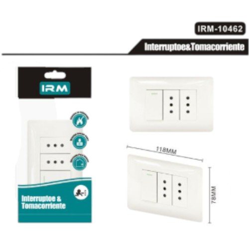 Interruptor y Enchufe Doble Integrado IRM-10462 - Placa Certificada con Seguridad 10A 250V por mayor - Electrónica por mayor