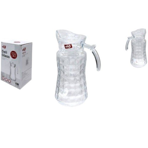 Jarra de Vidrio con Tapa y Relieve de Cuadros - Diseño Ergonómico con Asa 1PZA por mayor en Chile