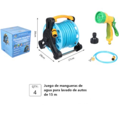 Juego de Mangueras Portátil de 15 m para Lavado de Autos con Carrete y Pistola de Riego 27cm x 28cm x 30cm / 15M por mayor en Chile