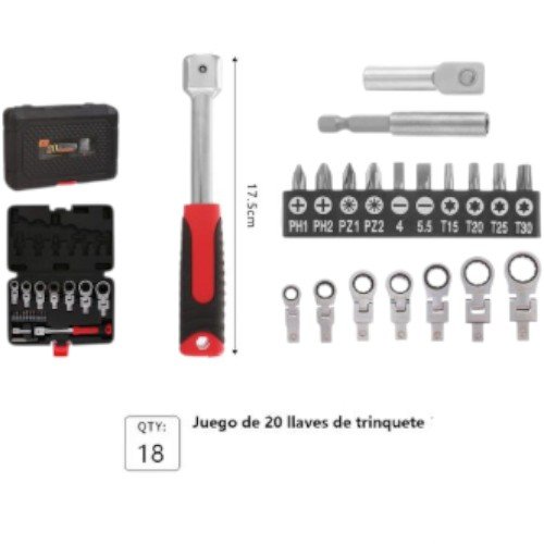 Juego Profesional de 20 Piezas con Llave de Trinquete Articulada y Puntas de Atornillado 17.5cm por mayor en Chile