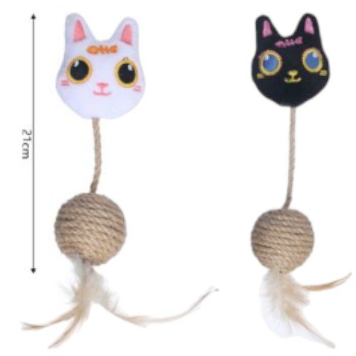 Juguete Interactivo para Gatos con Cabeza de Felpa, Cuerda de Conexión y Bola de Cáñamo con Plumas por mayor Mascotas por mayor