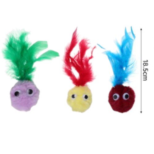 Juguetes de Felpa Esférica con Ojos Saltones y Plumas de Colores Vibrantes para Gatos por mayor - Mascotas por mayor