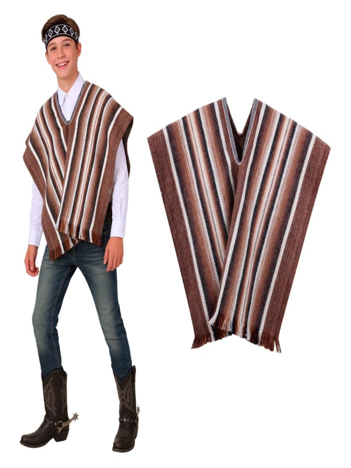 Set poncho+cintillo artesano cafe mayorista — imagen 2