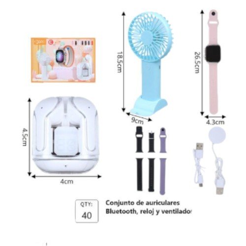 Kit 3 en 1 D96 Plus con Reloj Inteligente, Audífonos Bluetooth y Ventilador Portátil por mayor - Electrónica por mayor