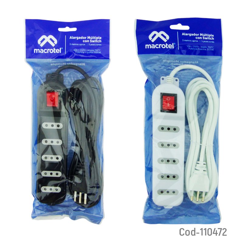 Alargador electrico 3 m, 5 entradas con switch, marca macrotel mayorista — imagen 3