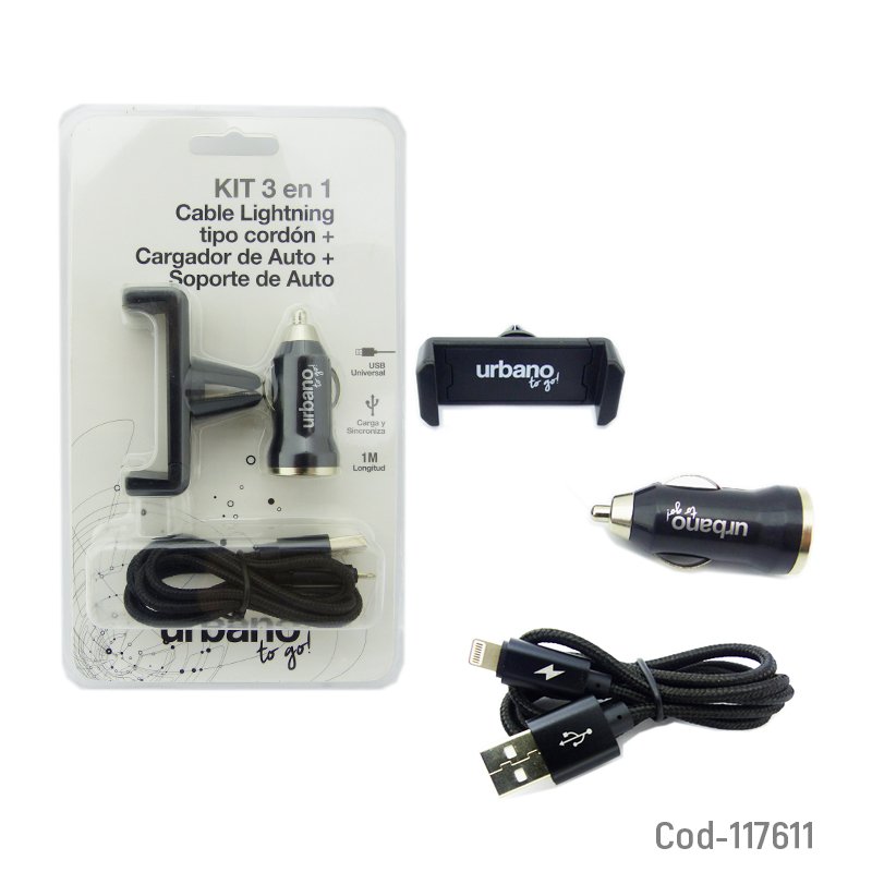 Kit cargador 3 en 1, urbano, lightning, para auto. - pack de 10 unidades mayorista — imagen 3