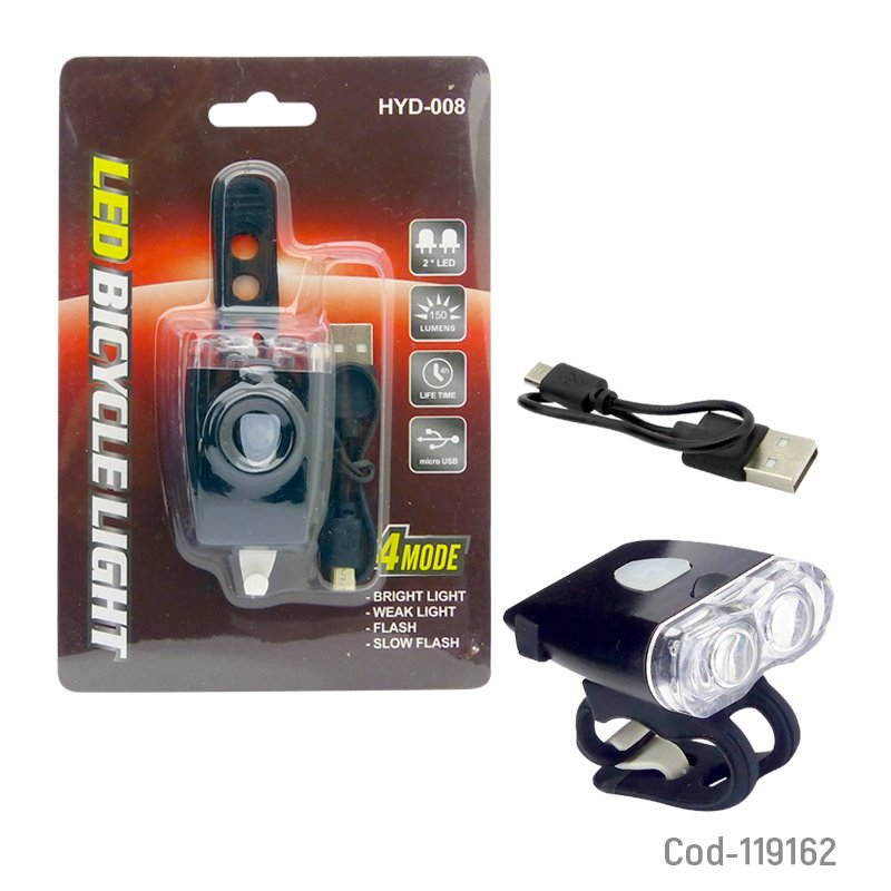 Luz Blanca 2 LED Recargable Para Bicicleta, HYD-008 3,7cm x 5,4cm x 2,5cm por mayor en Chile