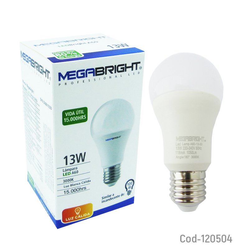 Ampolleta led 13watt e-27, luz calida, megabright mayorista — imagen 2