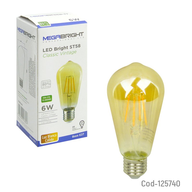 Ampolleta led classic vintage, luz calida, 6watt, e-27, megabright. en caja. - pack de 10 unidades mayorista — imagen 3