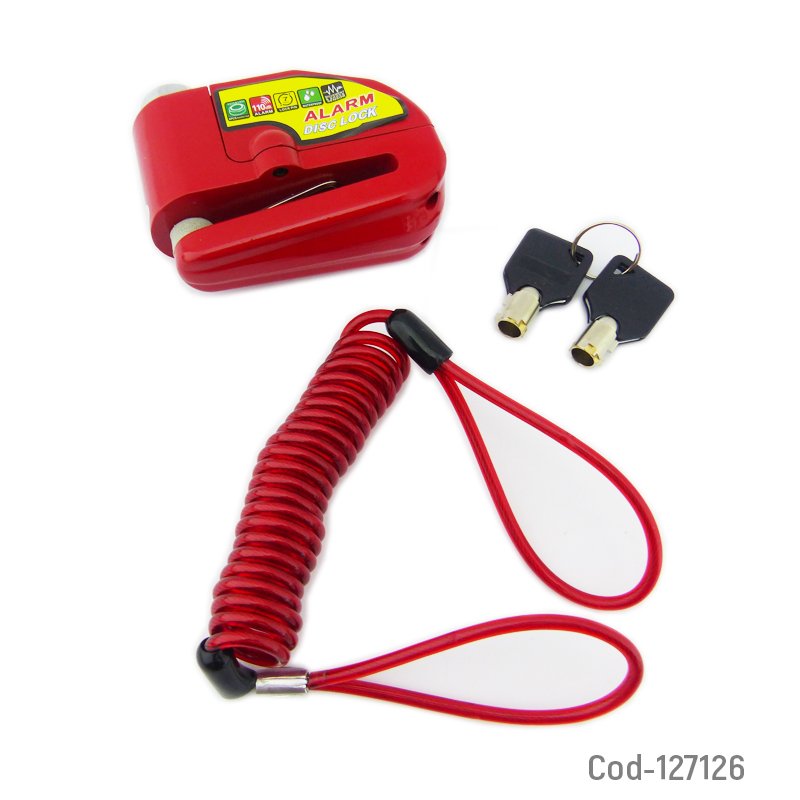 Candado Para Freno De Disco De Moto Con Alarma, Con Piola Recordatorio, Colores En Blister. 9cm x 4cm x 7cm por mayor en Chile