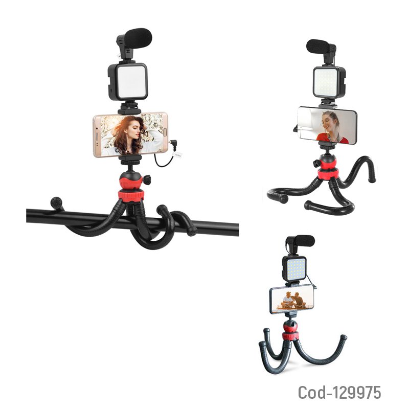 Kit vloggins, para smartphone, tripode flexible, luz, microfono, control remoto. youtuber mayorista — imagen 2