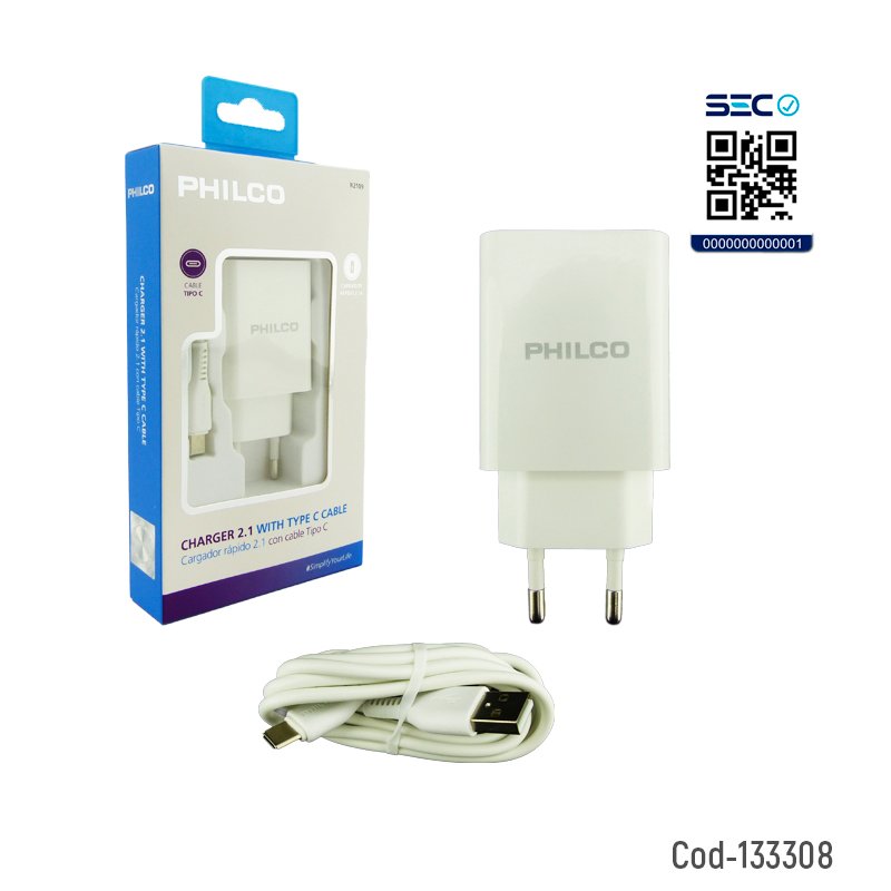 Cargador philco 2 usb mas cable tipo c, 2.1 amp, r2109. mayorista — imagen 3