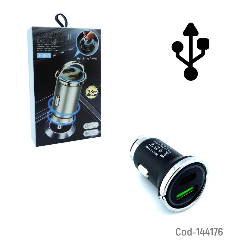 Cargador de 1 usb y 1 type-c para auto de 38w / 12 volt, modelo t-061, con agarradera. - pack de 10 unidades mayorista — imagen 4
