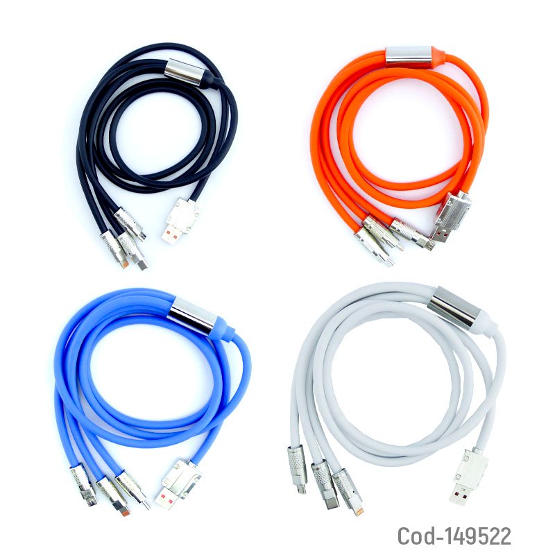 Cable usb 3 en 1 de usb a micro 5 pines, iphone y type-c a 120 watts 6 amp con punta de metal - pack de 10 unidades mayorista — imagen 2