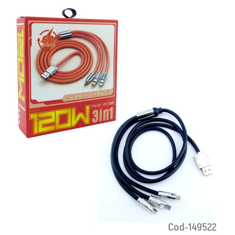 Cable usb 3 en 1 de usb a micro 5 pines, iphone y type-c a 120 watts 6 amp con punta de metal - pack de 10 unidades mayorista — imagen 3