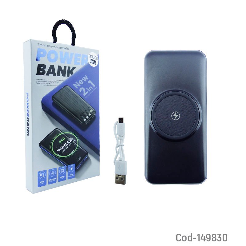 Bateria de emergencia 2 en 1 carga inalambrica y por cables de 30000 mah mas 2 usb 4 cables en 2 colores. mayorista — imagen 4