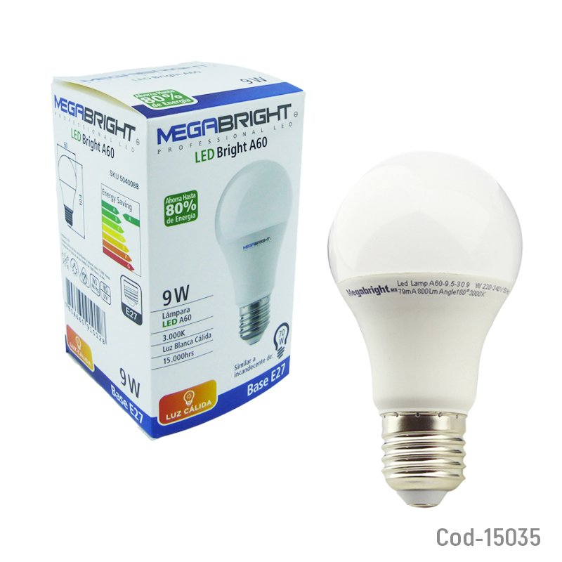 Ampolleta LED 9 Watt E-27, A60 Luz Calida, Megabright 10cm x 4cm por mayor en Chile